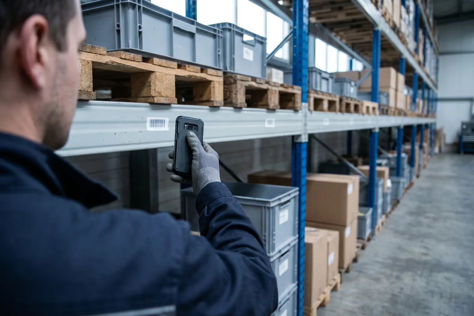 An operative in work gloves scans a barcode label on pallet racking