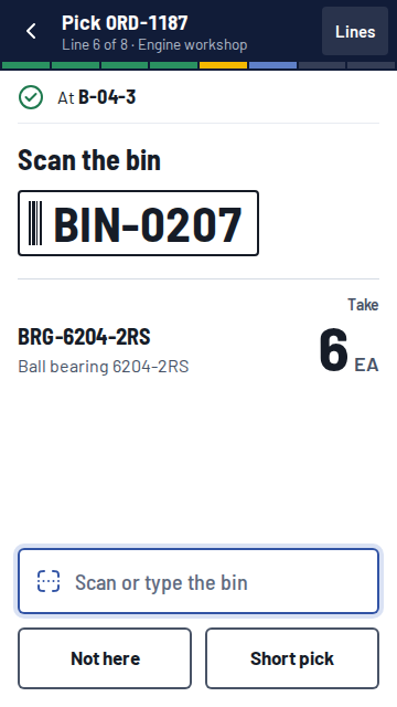 Rapport on a handheld: scan bin BIN-0207 and take 6 ball bearings