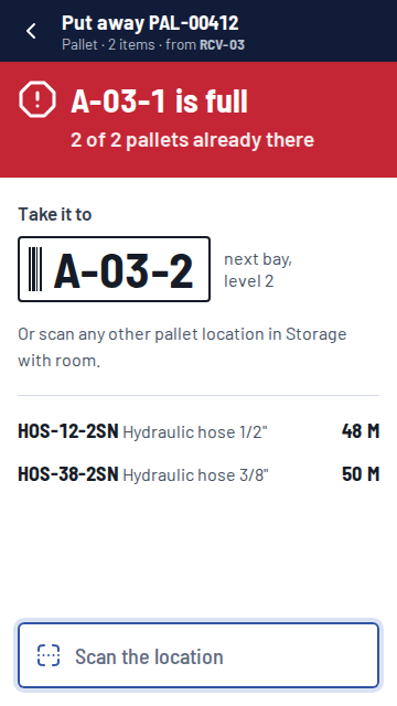 Putaway refused: A-03-1 is full, take it to A-03-2