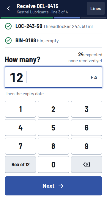 Receiving: how many, with a keypad